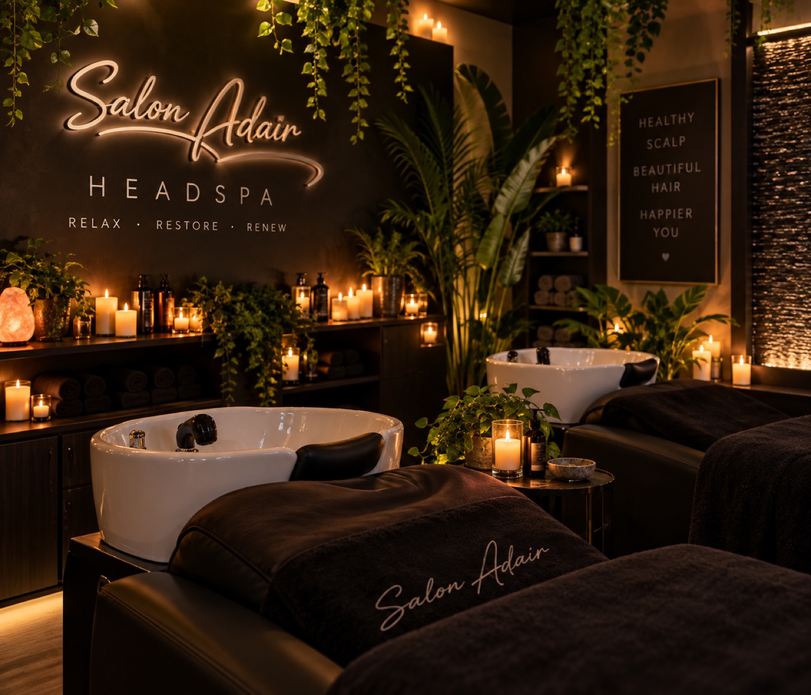 The Salon Adair head spa room — candlelight, greenery and the neon script sign