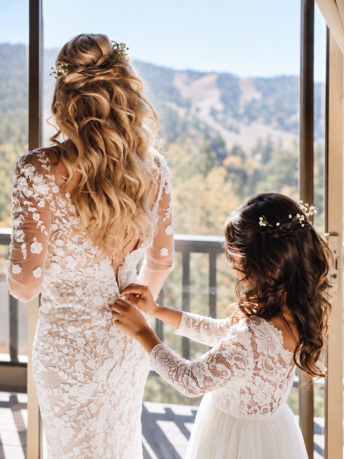 Bridal half-up waves with baby’s breath, and a matching flower-girl braid