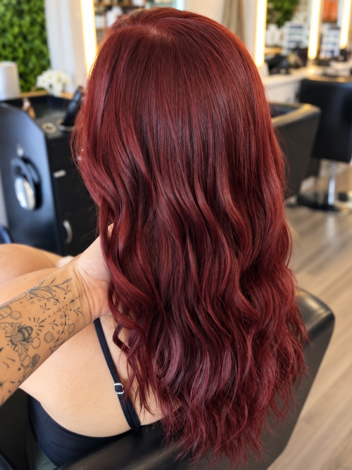 Deep cherry red, long and glossy